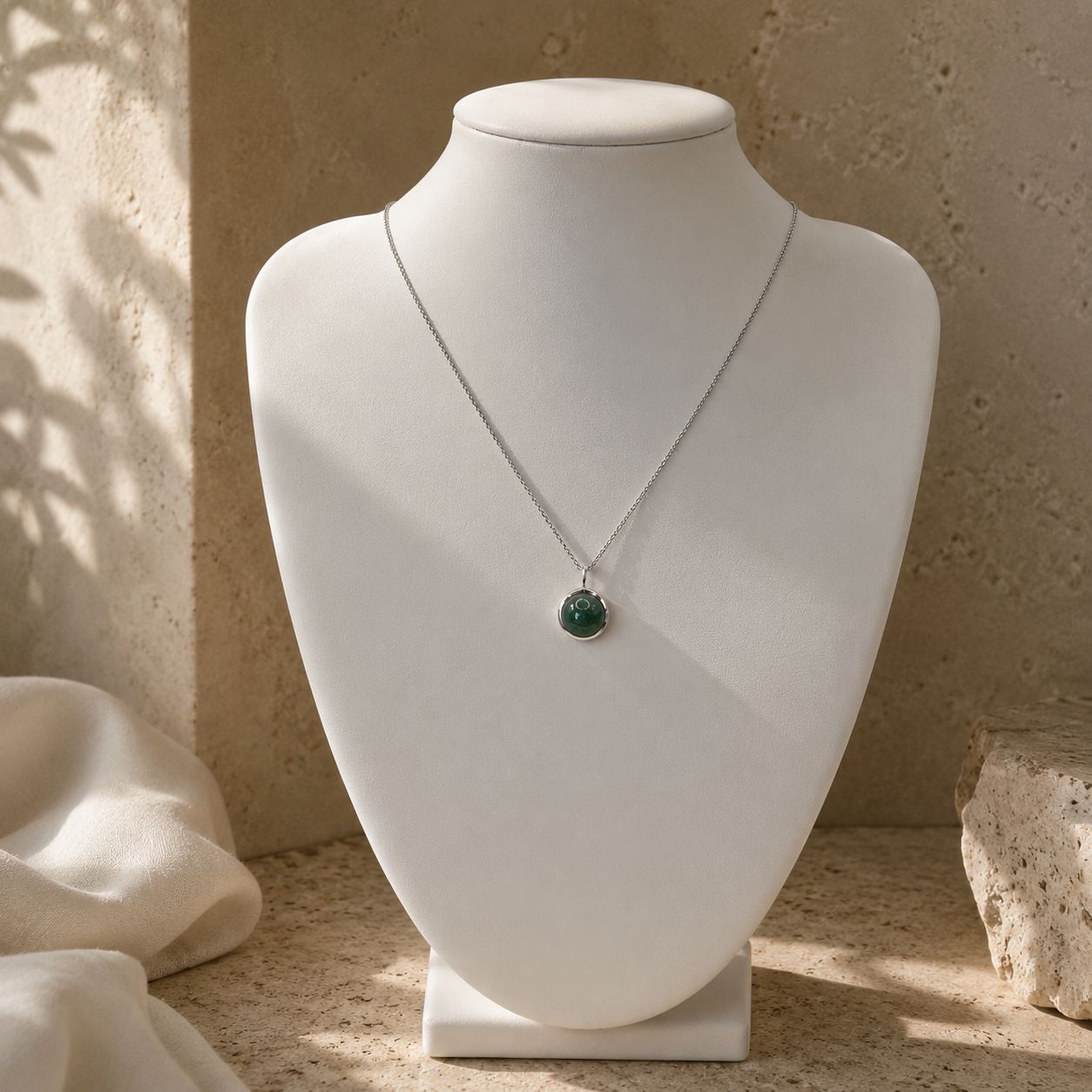 Damen Kette mit Anhänger grüner Aventurin rund in silber an Büste by DAVUTA