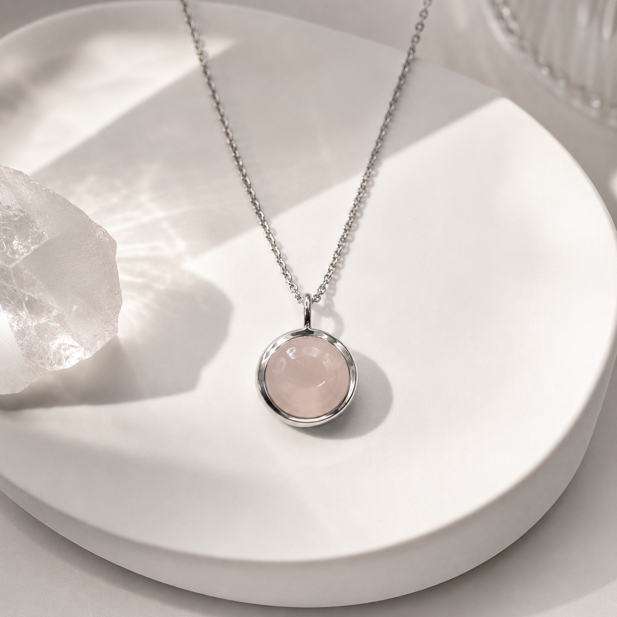 Damen Kette mit Anhänger rund Rosenquarz silber by DAVUTA