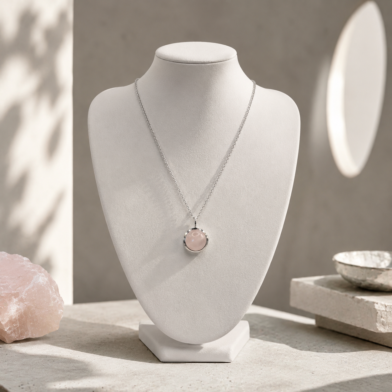 Damen Kette mit Anhänger rund Rosenquarz silber an Büste by DAVUTA