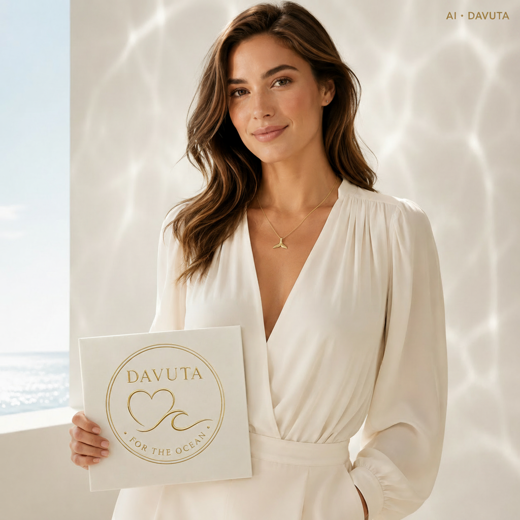 Damen Kette mit Walflosse silber vergoldet Model mit DAVUTA Schild