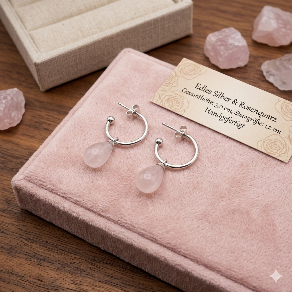Damen Ohrringe in Silber mit Rosenquarztropfen Creole by DAVUTA