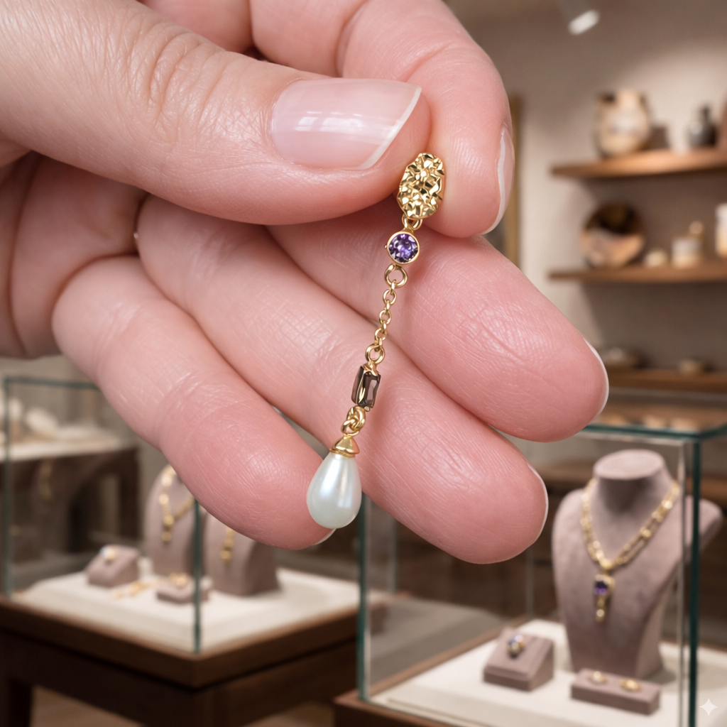 Damen Ohrringe Kette mit Süßwasserperle vergoldet in Hand by DAVUTA