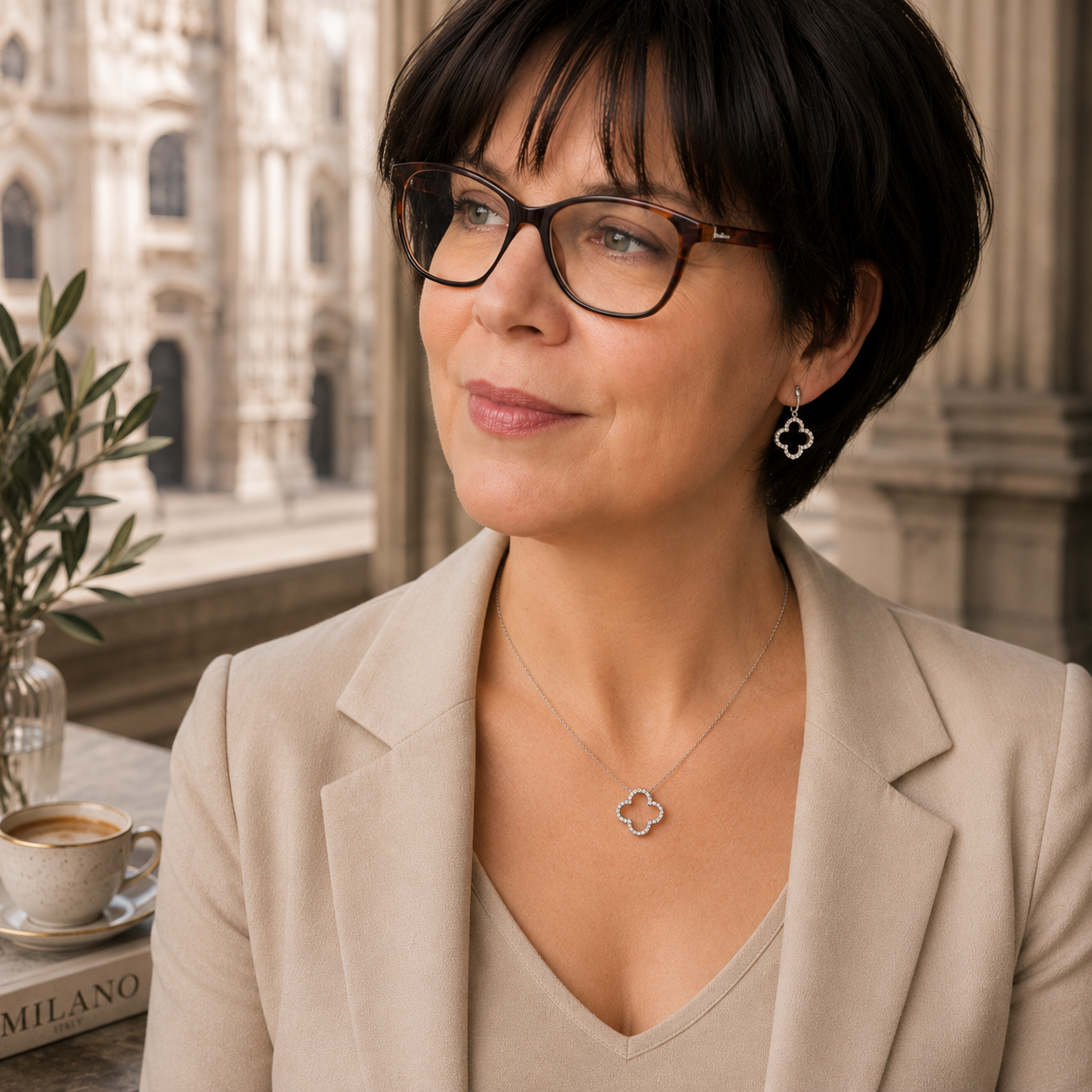 Damen Ohrringe Klee groß Silber Zirkonia am Model mit Kette by DAVUT