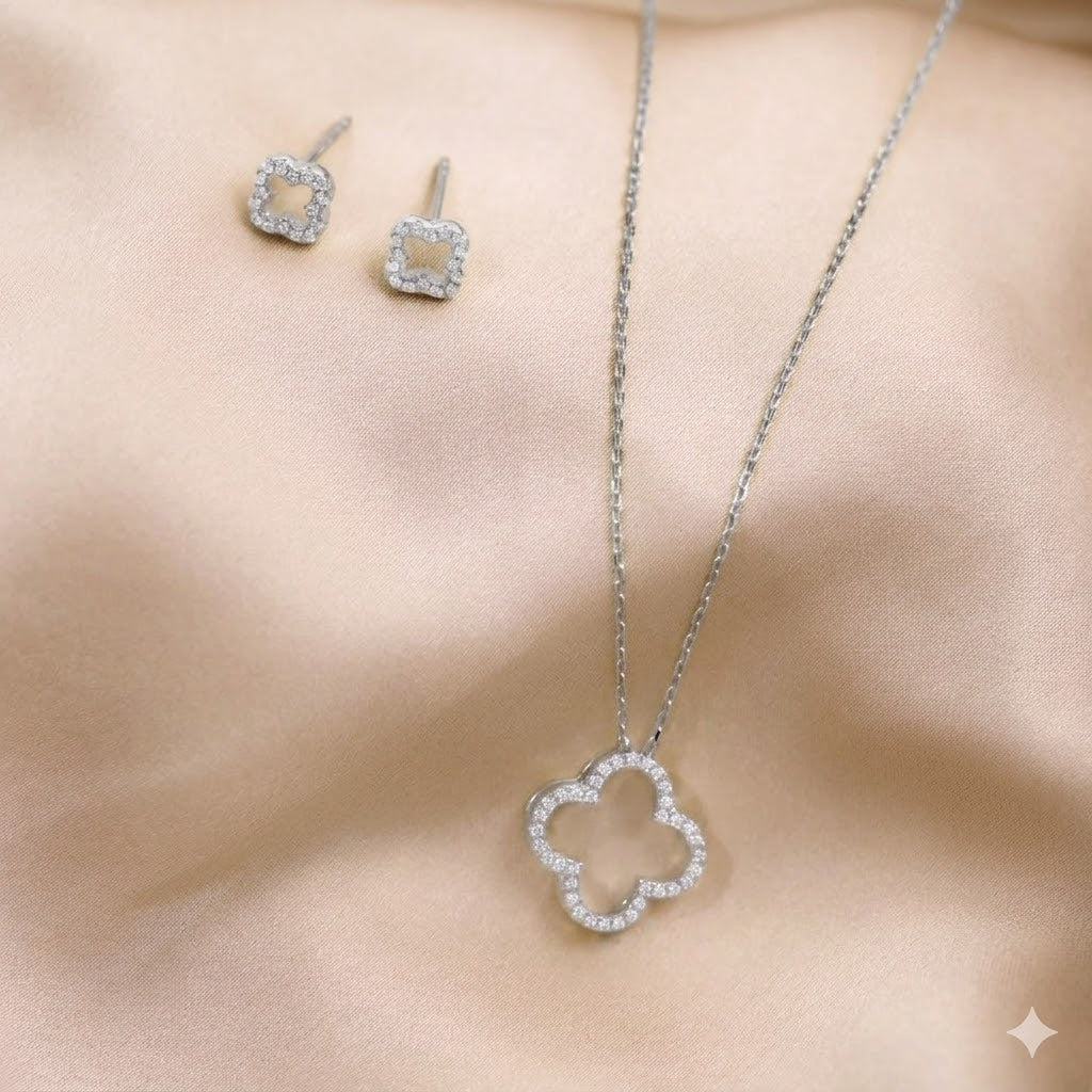 Damen Ohrringe Kleeblatt Silber Zirkonia mit Kette by DAVUTA