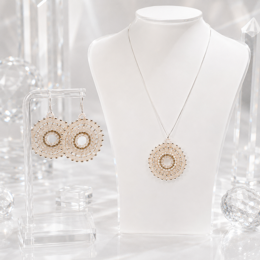 Damen Ohrringe Mandala Silber Glas Perlen weiß im Set mit Kette by DAVUTA