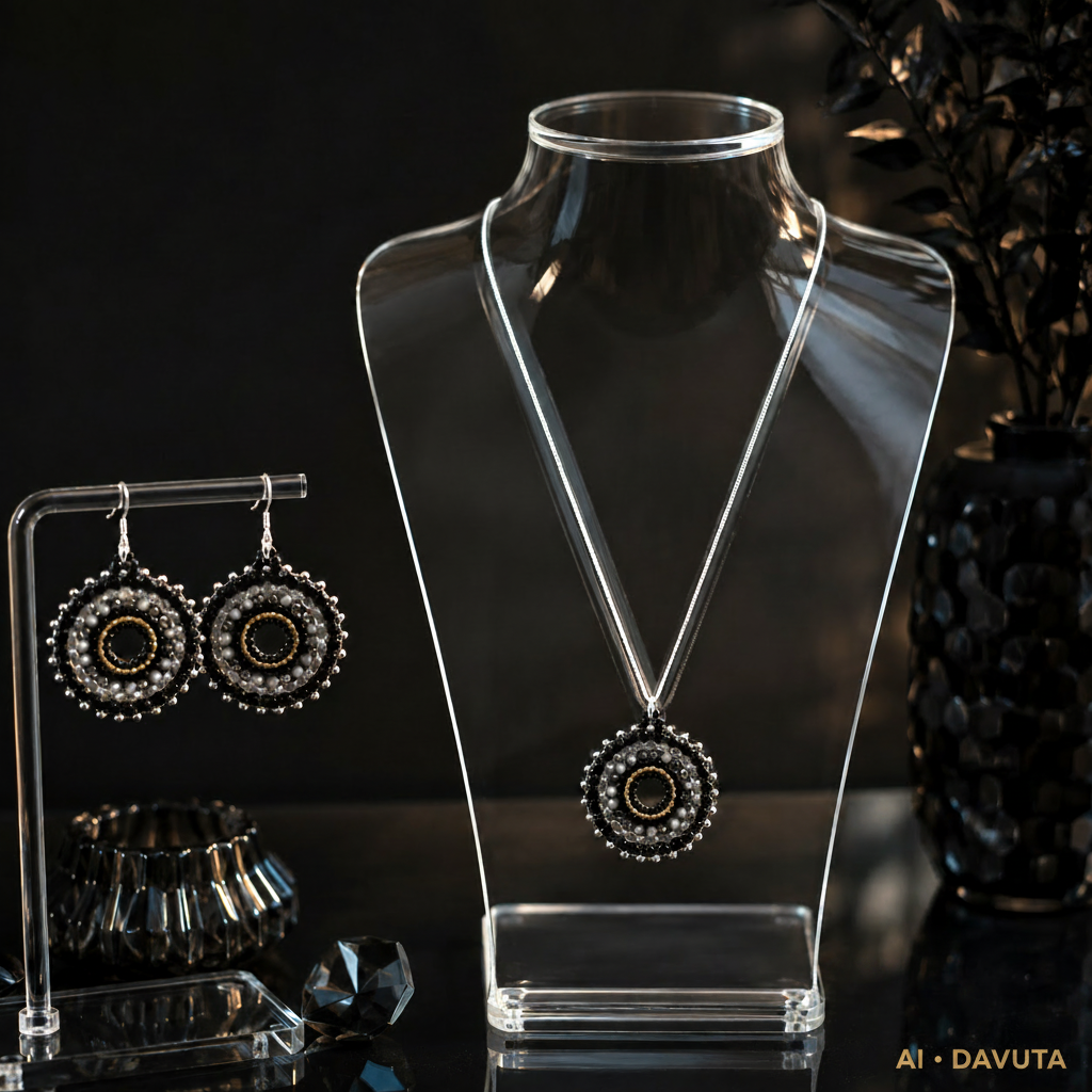 Damen Ohrringe Mandala Silber Glasperlen schwarz im Set mit Kette by DAVUTA