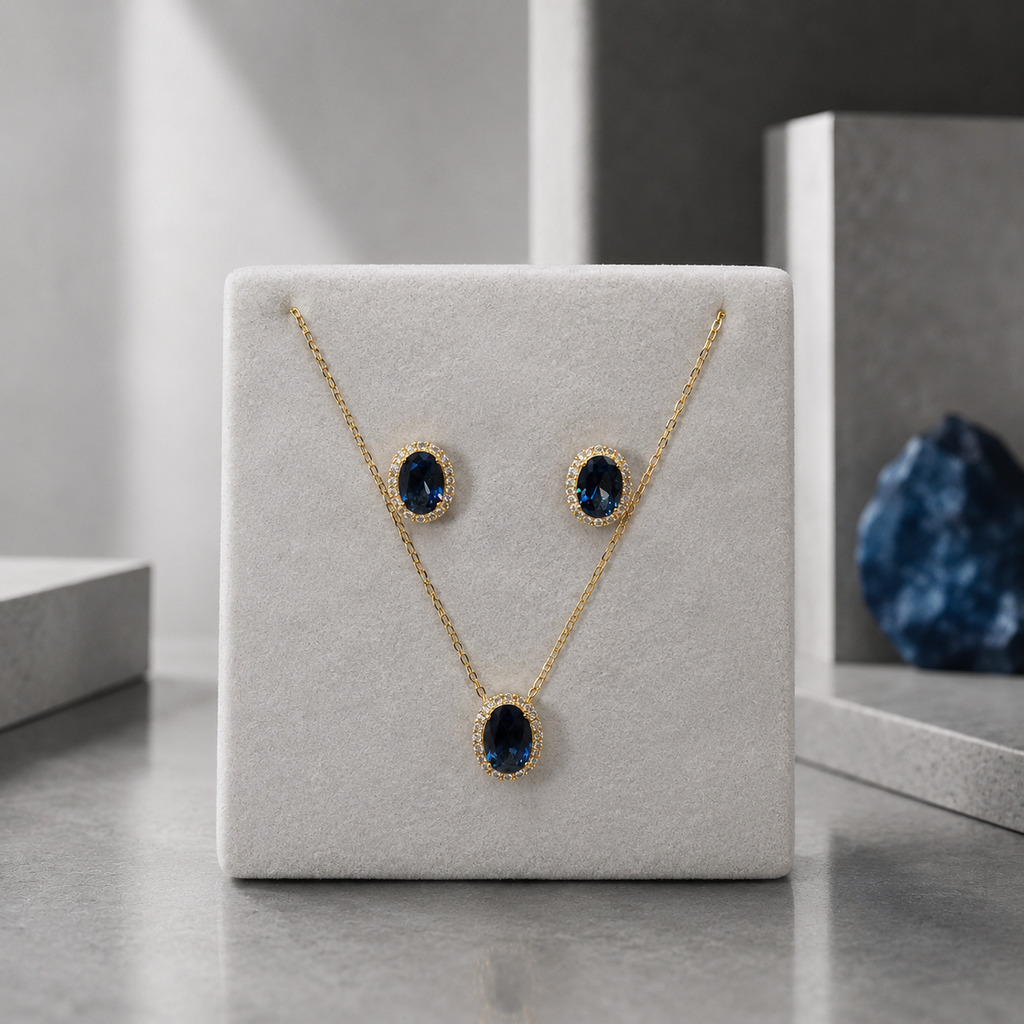 Damen Ohrringe Oval Silber vergoldet blauer Zirkonia mit Kette by DAVUTA