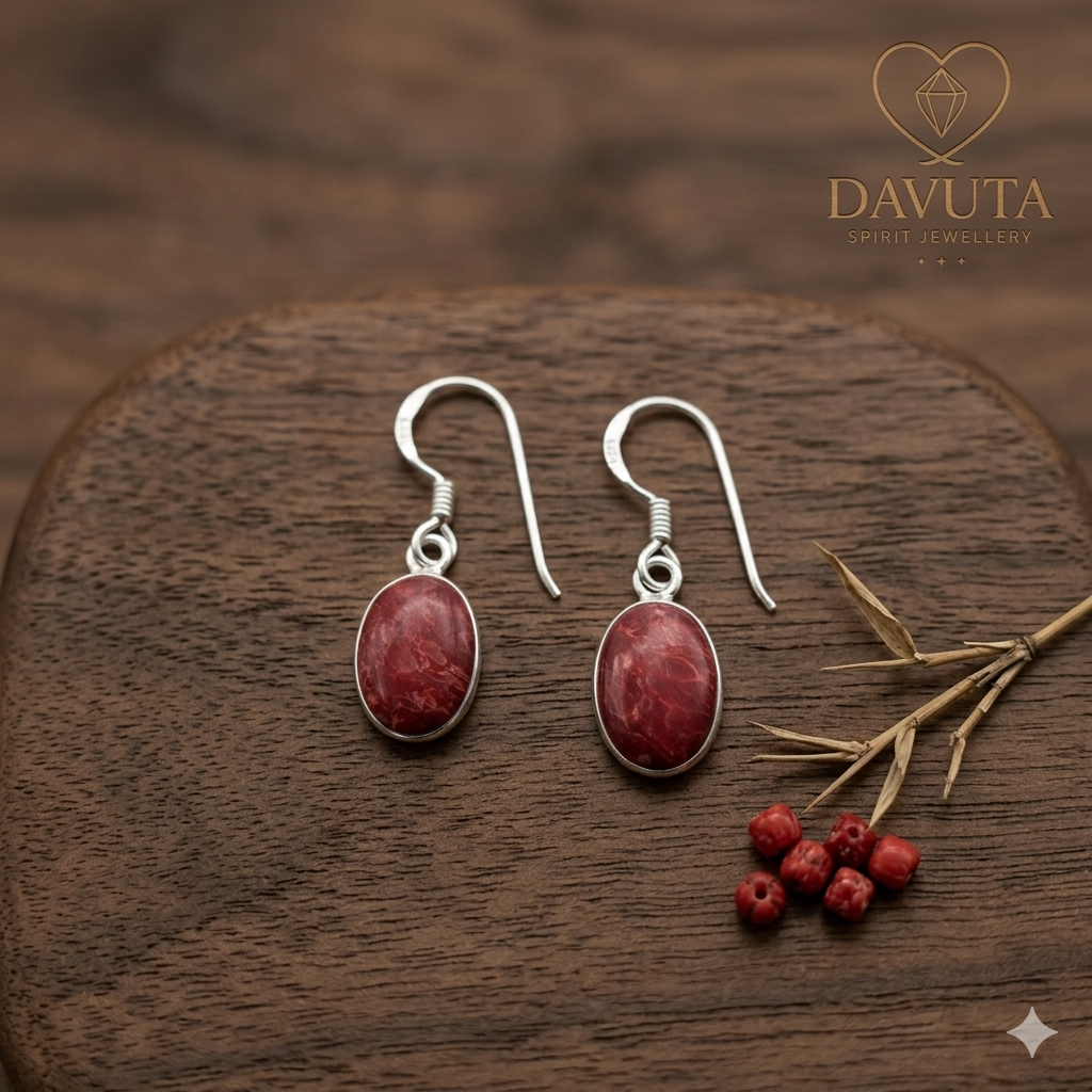 Damen Ohrringe Silber mit Schaumkoralle rot Cabochon liegend by DAVUTA