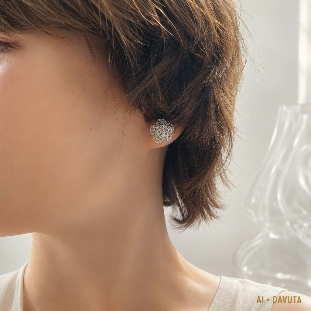 Damen Ohrstecker Blume 3-D Silber DAVUTA close up Model