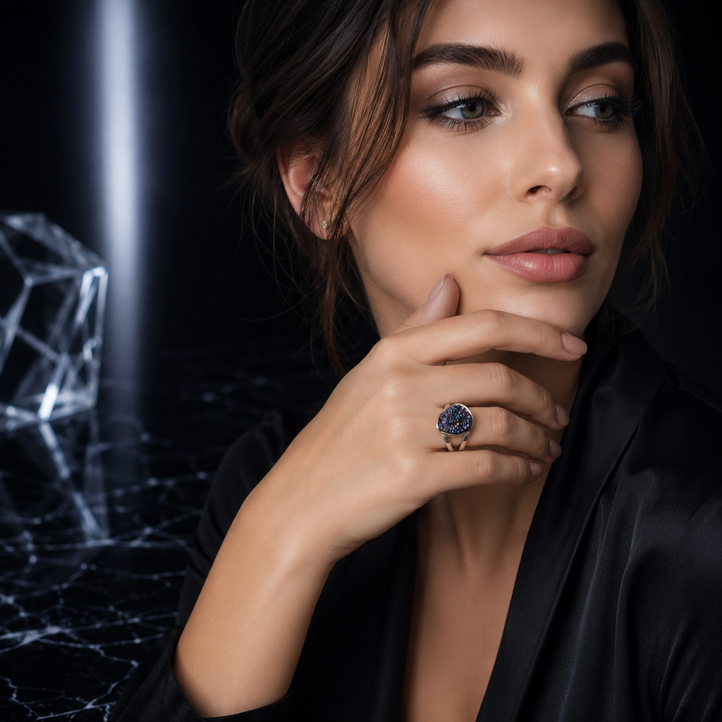 Damen Ring Druse Titanium silber am Model by DAVUTA