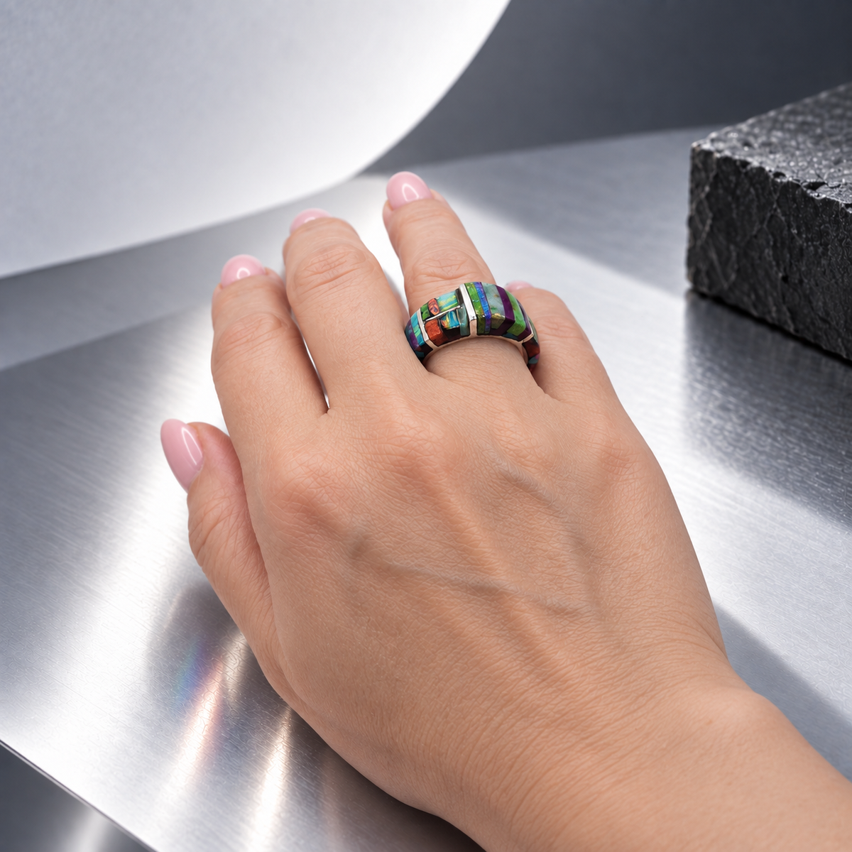 Damen Ring Edelsteinmix Unikat Silber Statement an Hand 2