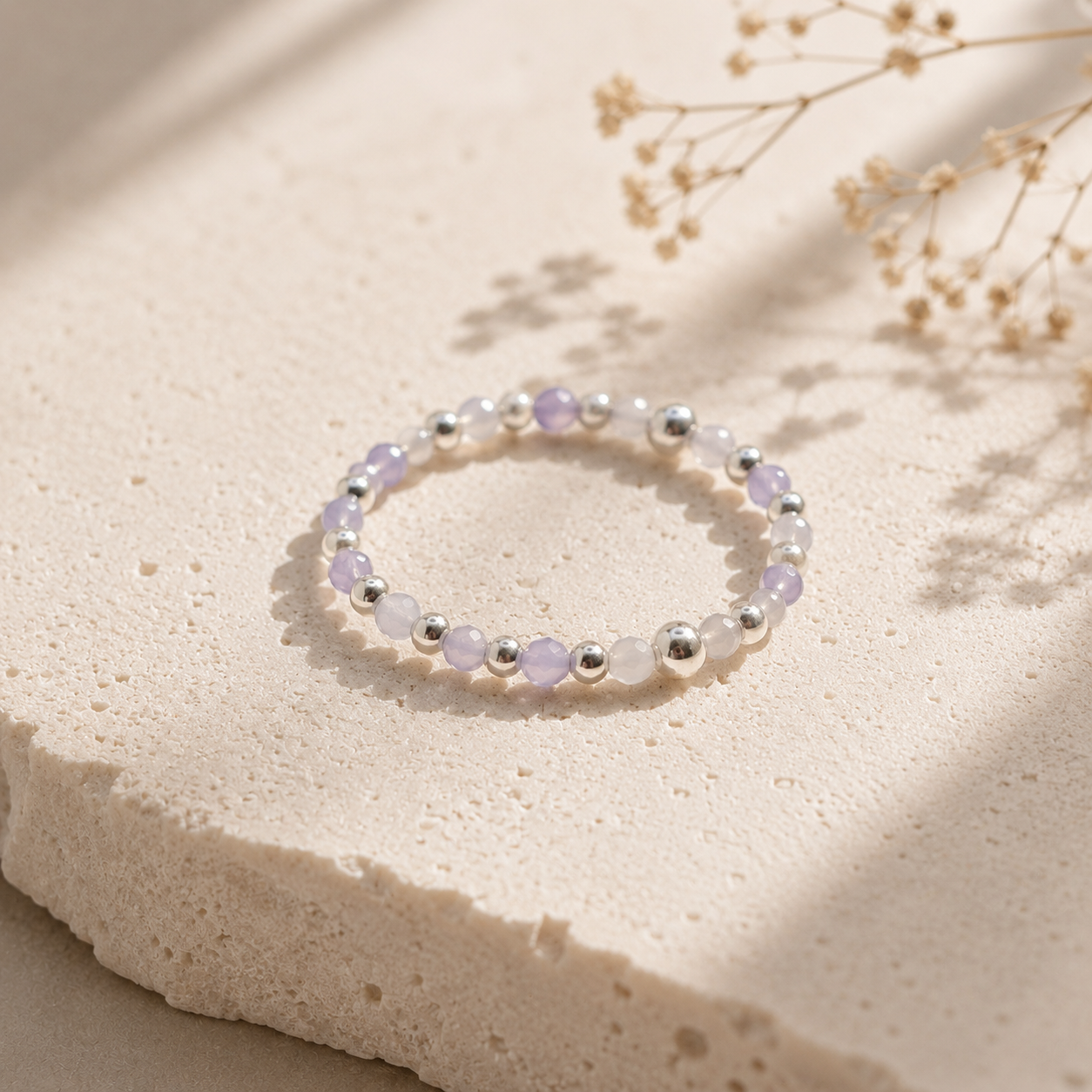 Damen Ring Elastisch Amethyst und Silberperlen