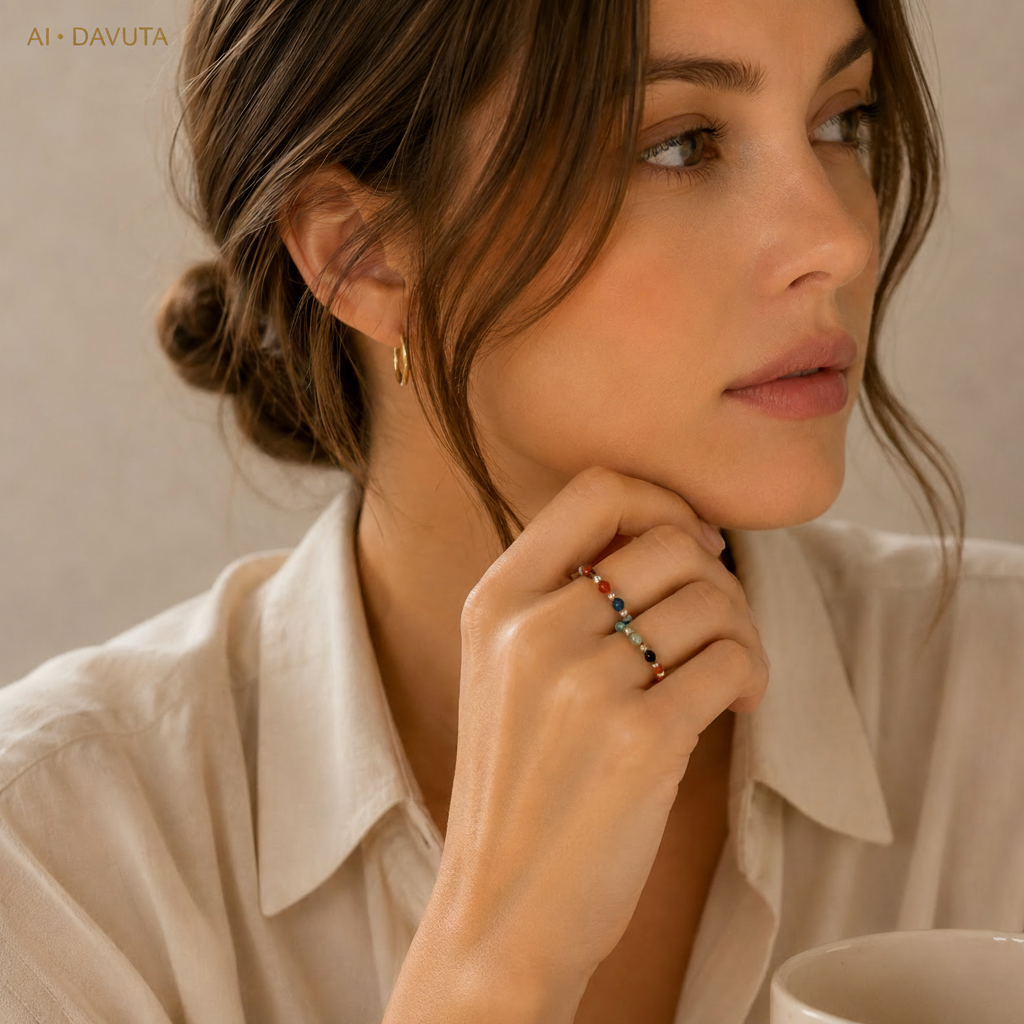 Damen Ring Elastisch Silberperlen und Edelsteinmixperle am Model by DAVUTA