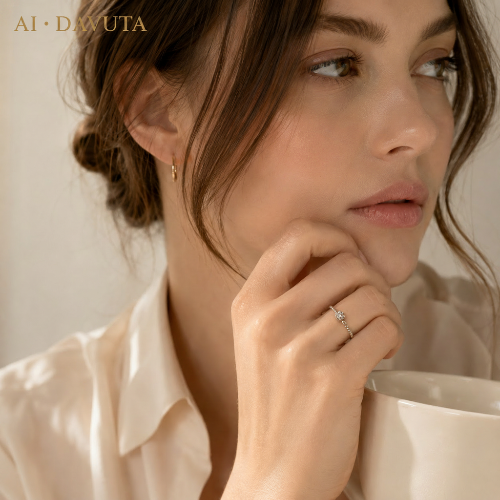 Damen Ring Elastisch Silberperlen und Zirkonia Pavekugel am Modell
