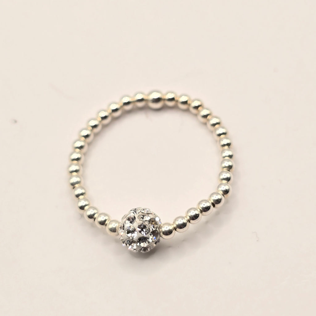 Damen Ring Elastisch Silberperlen und Zirkonia Pavekugel clean