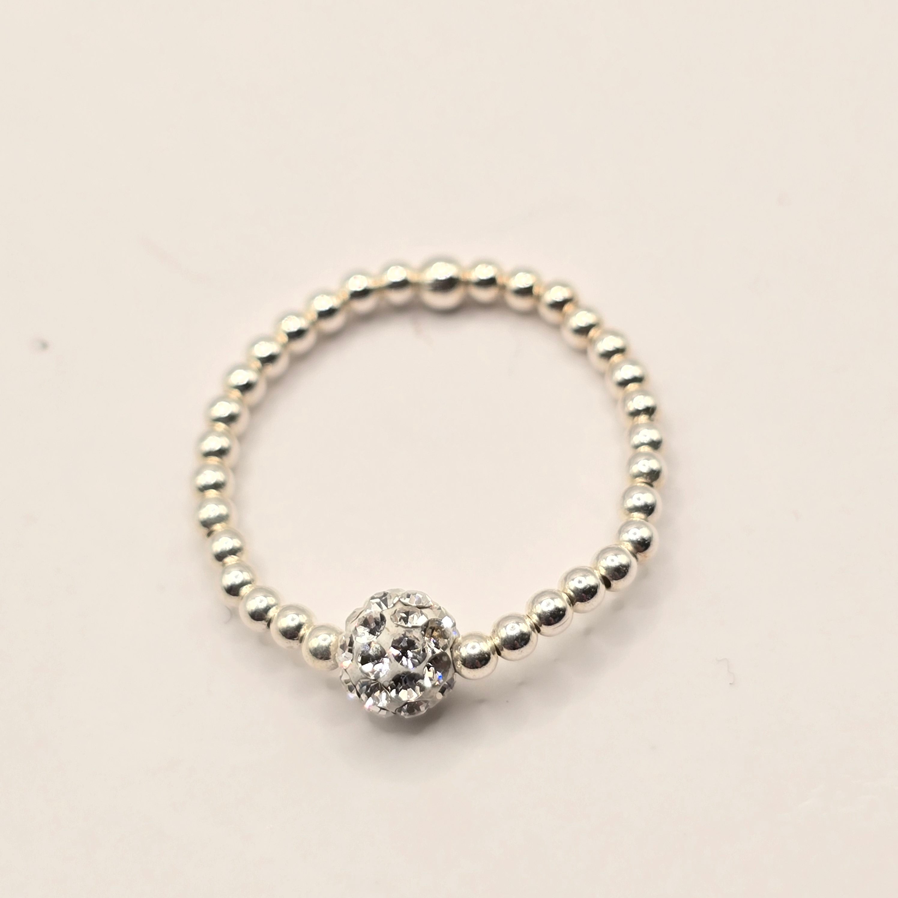 Damen Ring Elastisch Silberperlen und Zirkonia Pavekugel clean