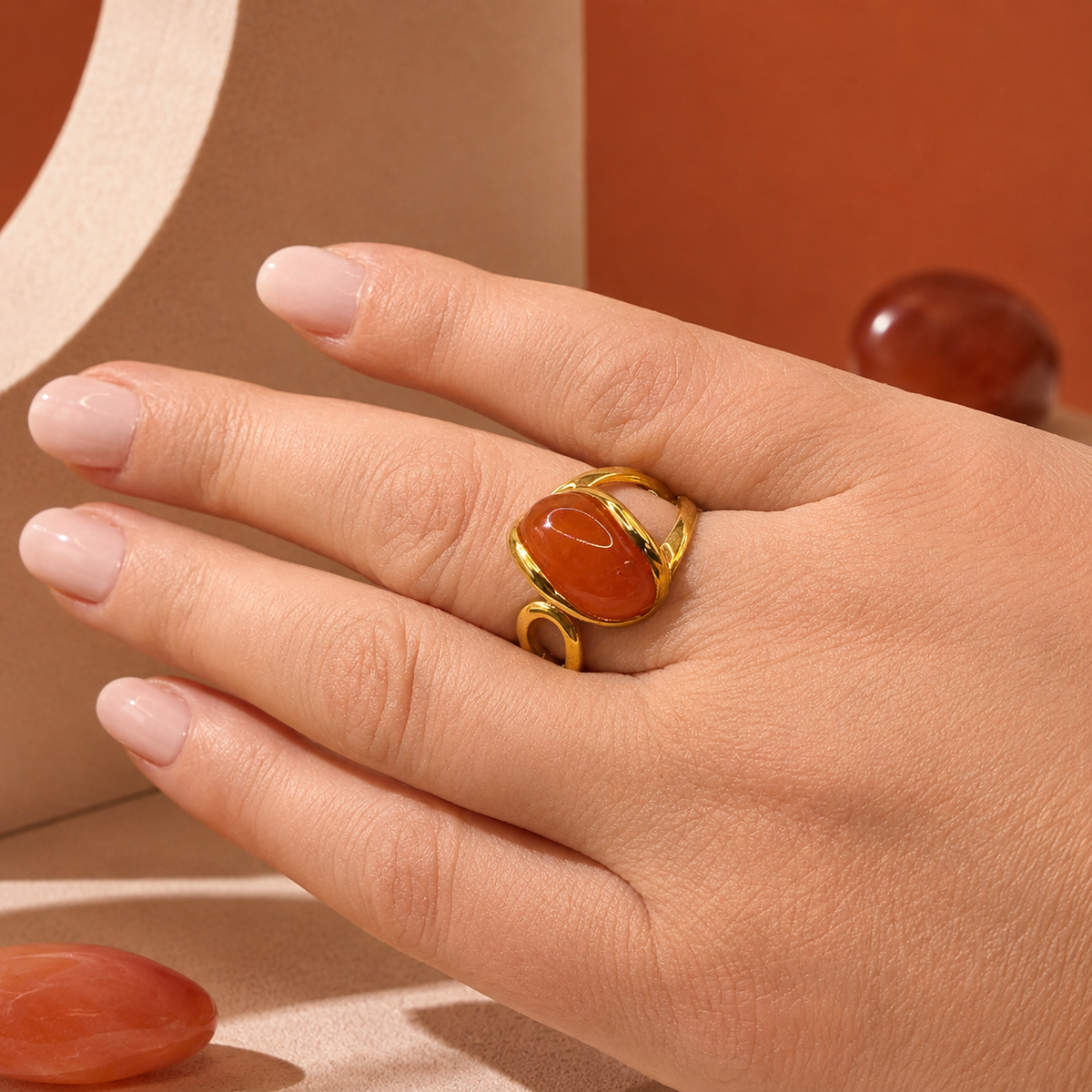 Damen Ring Karneol Silber Vergoldet Verstellbar an Hand by DAVUTA