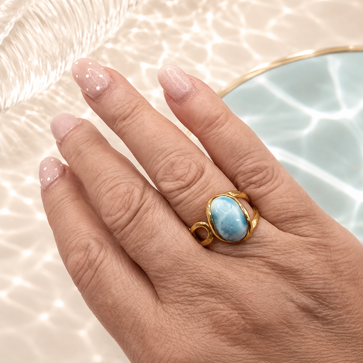 Damen Ring Larimar Silber Vergoldet Verstellbar an Hand DAVUTA