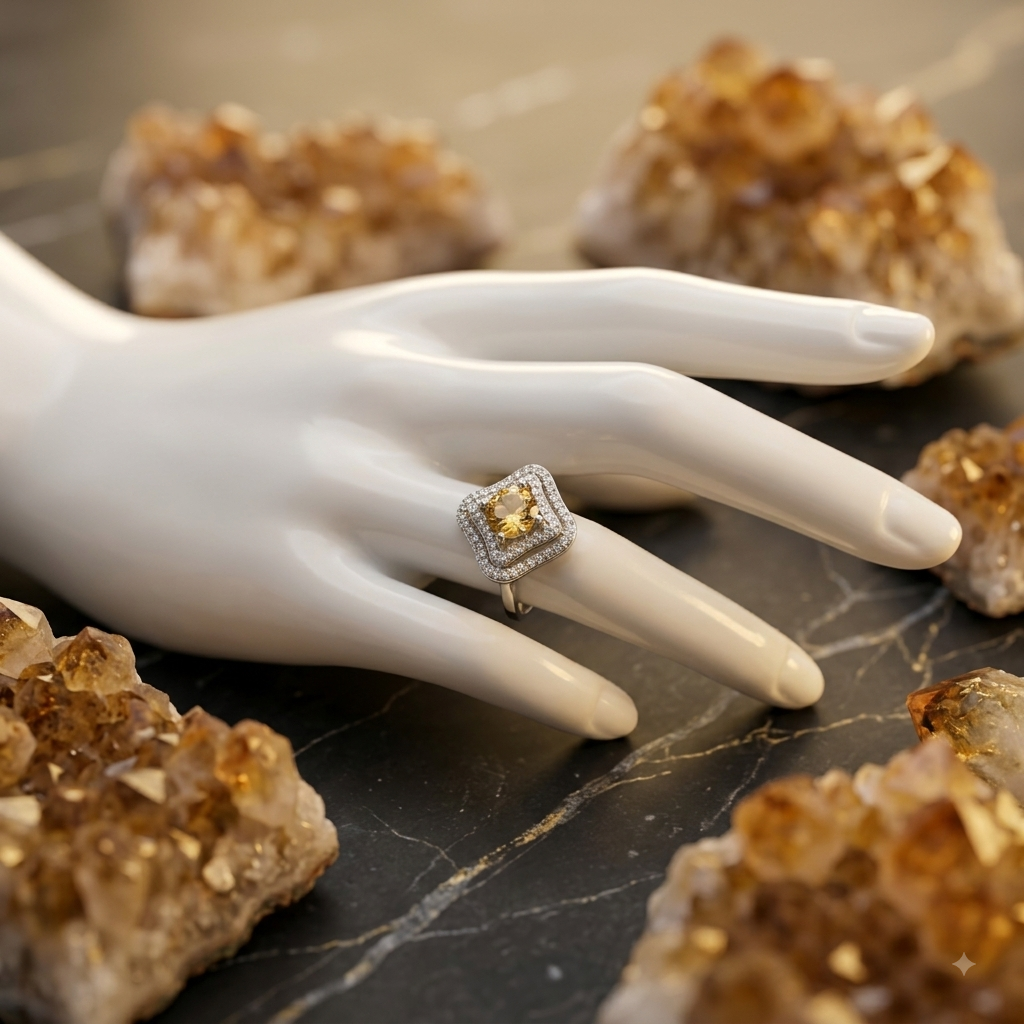 Damen_Ring_Silber_Citrin_Zirkonia_verstellbar an Handbüste by DAVUTA