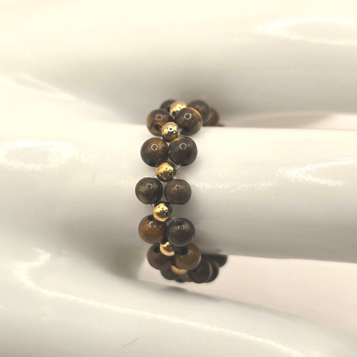 Damen Ring Tigerauge Edelstahl Perlen Detail