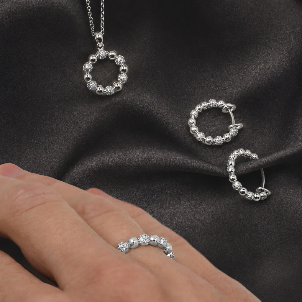 Damen SET Kette + Creole + Ring Kugeln Silber mit Zirkonia  Präsentation by DAVUTA