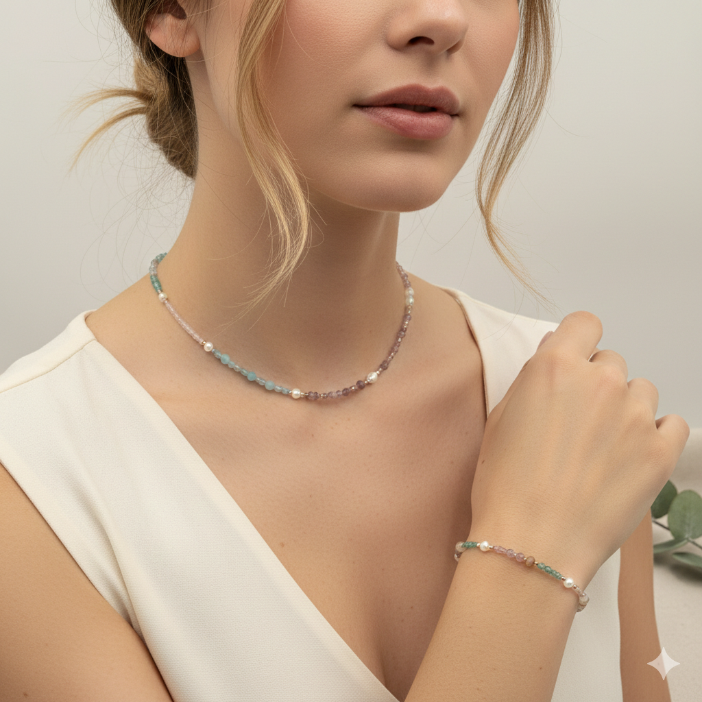 Schmuckset Damen Collier und Armband vergoldet mit Edelsteinen