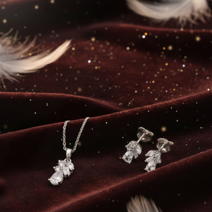 Damen Schmuckset Kette mit Anhänger und Ohrstecker in Silber mit Zirkonia by DAVUTA