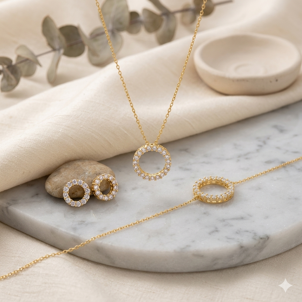 Damen Schmuckset Kette Armband Ohrstecker Kreis Gold by DAVUTA