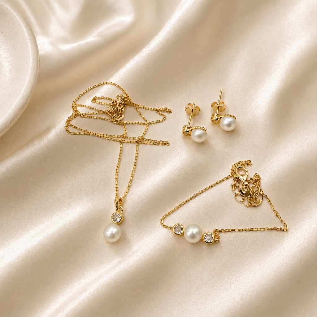 Damen Schmuckset mit Süßwasserperle Silver vergoldet Präsentation by DAVUTA