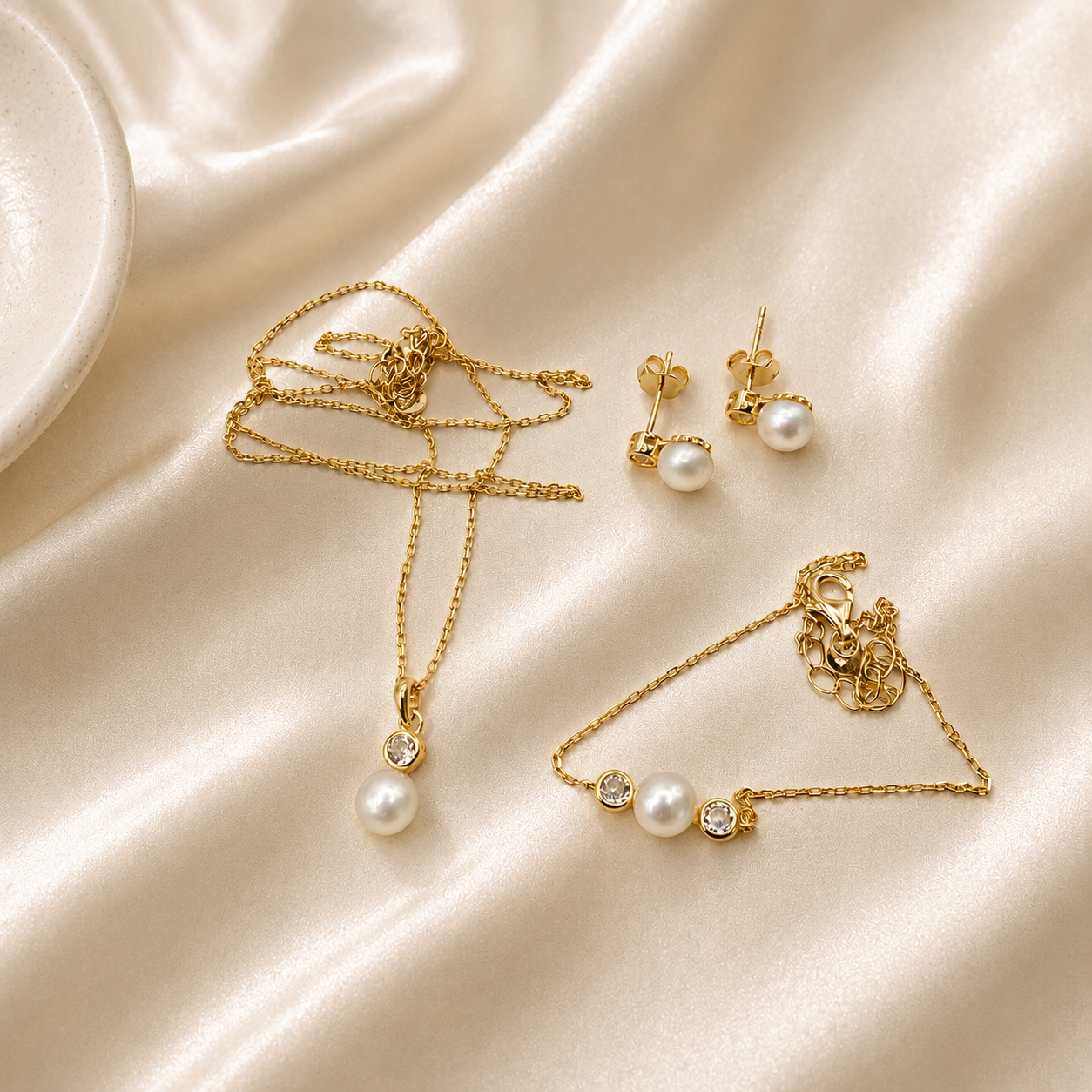 Damen Schmuckset mit Süßwasserperle Silver vergoldet Präsentation by DAVUTA