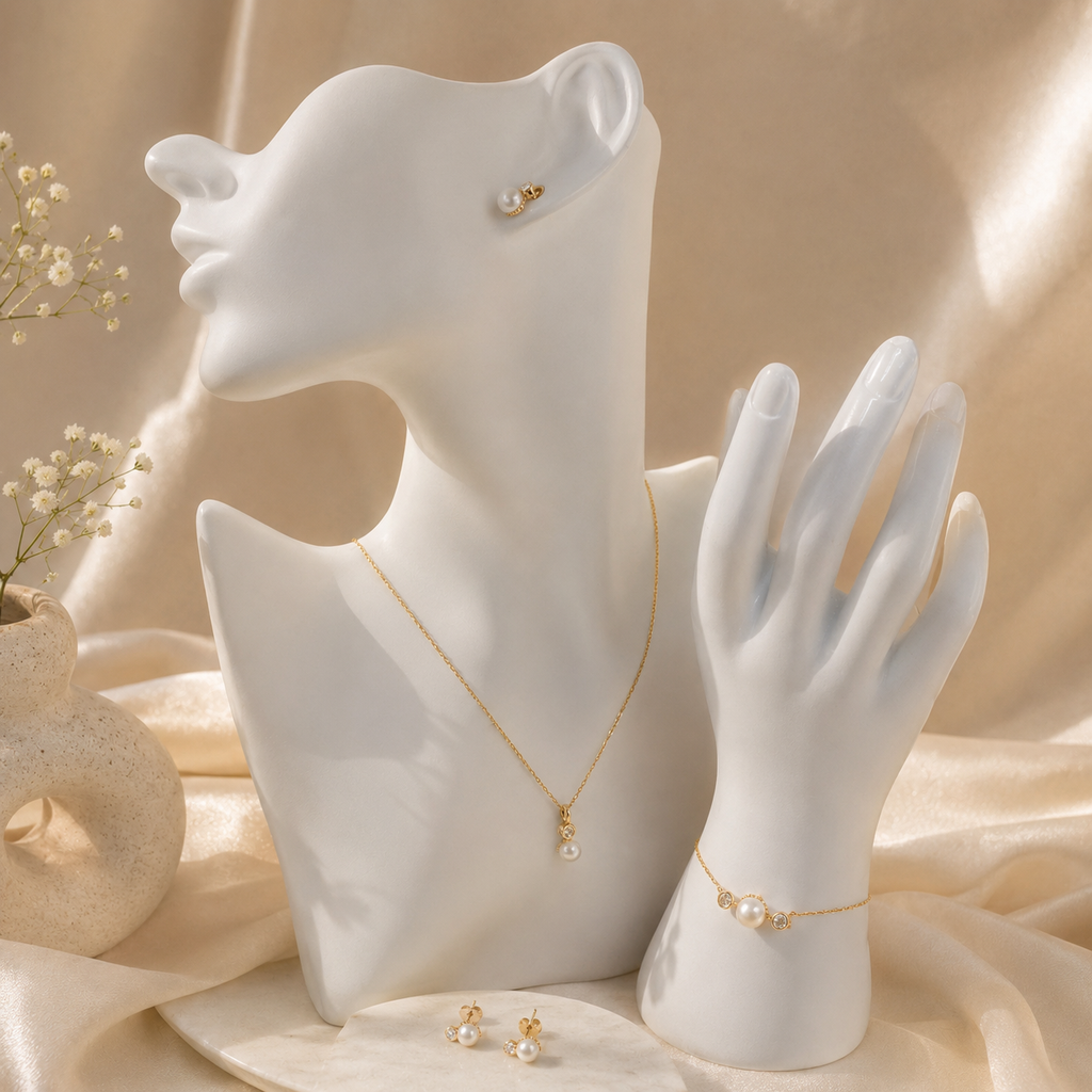 Damen Schmuckset mit Süßwasserperle Silver vergoldet an Büste by DAVUTA