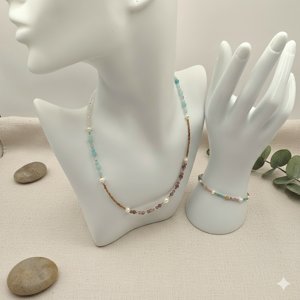 Damen Set Collier und Armband Süßwasserperlen und Edelsteine by DAVUTA