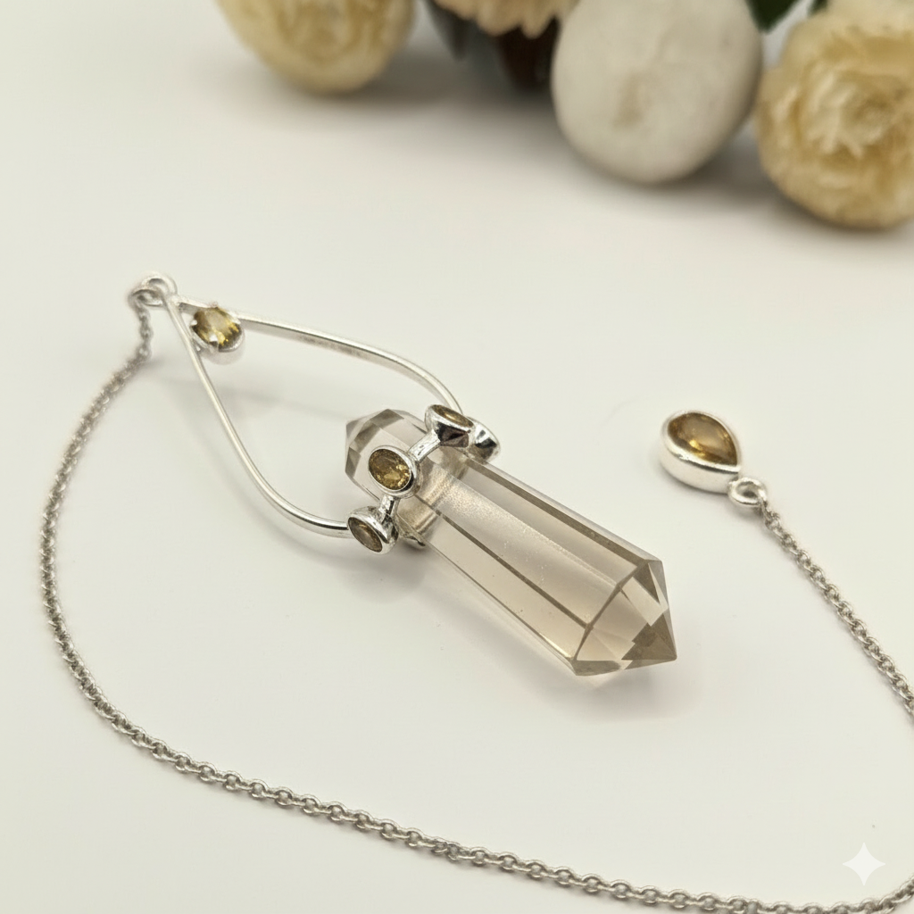 Designer Pendel Vogelschliff Silber Bergkristall Citrin