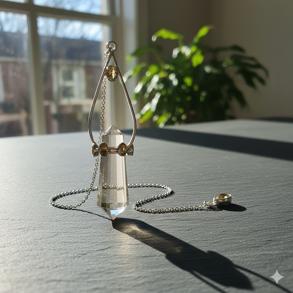 Designer Pendel Vogelschliff Silber Bergkristall Citrin stehend auf Tisch