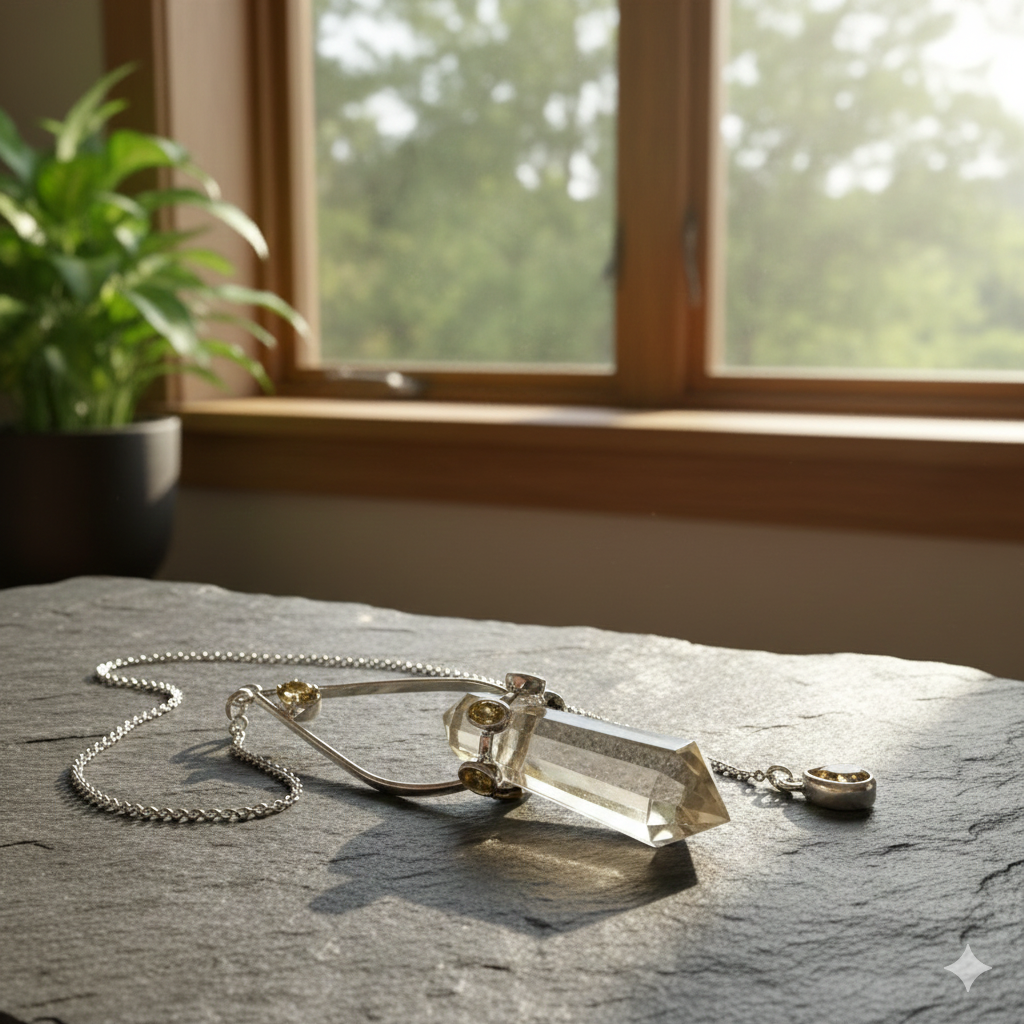 Designerpendel Bergkristall Citrin mit Silberfassung und Kette