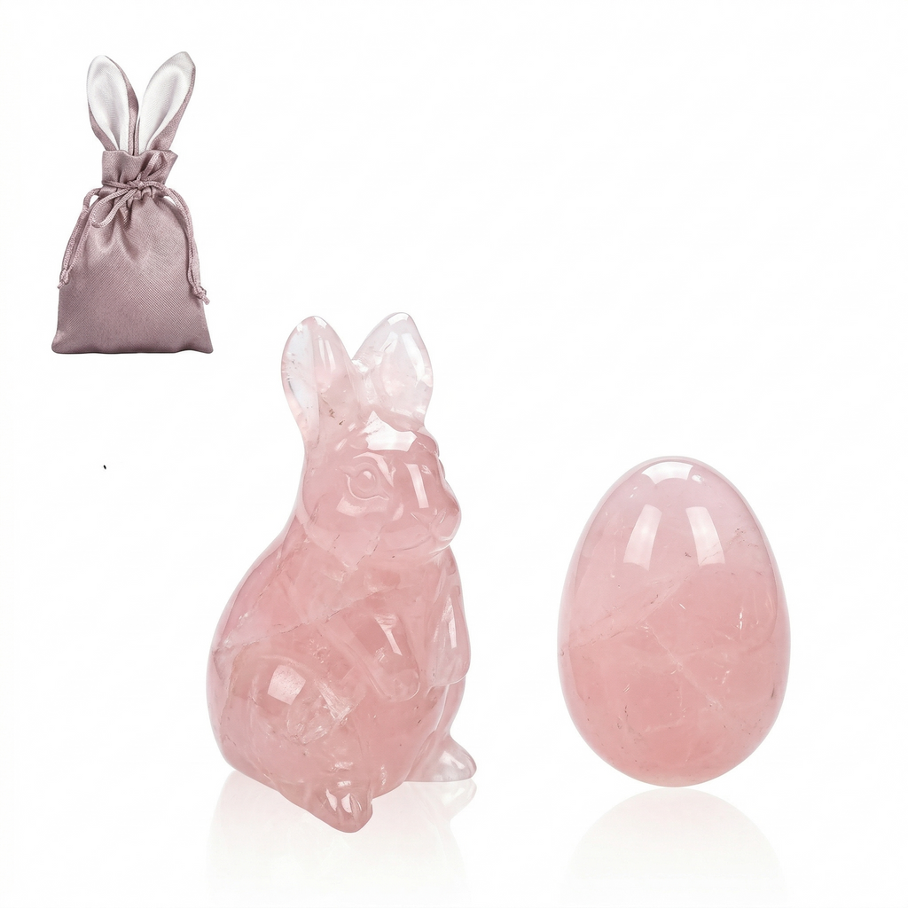 Rosenquarz Oster-Set - Edelstein Hase & Ei