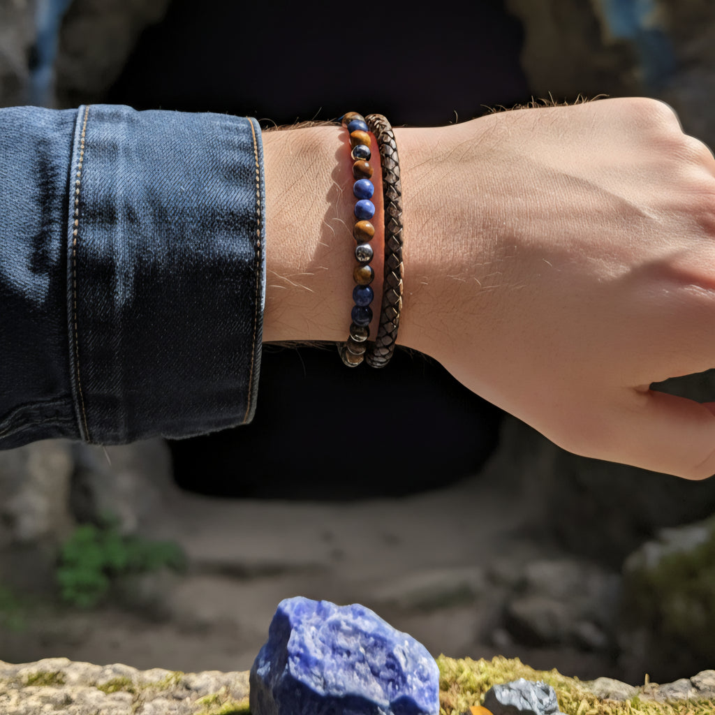 Herren_Armband_Blue_Beads_mit_Tigerauge_Sodalith_Hämatith am Arm by DAVUTA