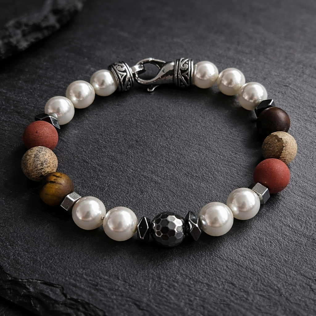 Herren Armband Edelstahl Naturstein Künstliche Perle by DAVUTA