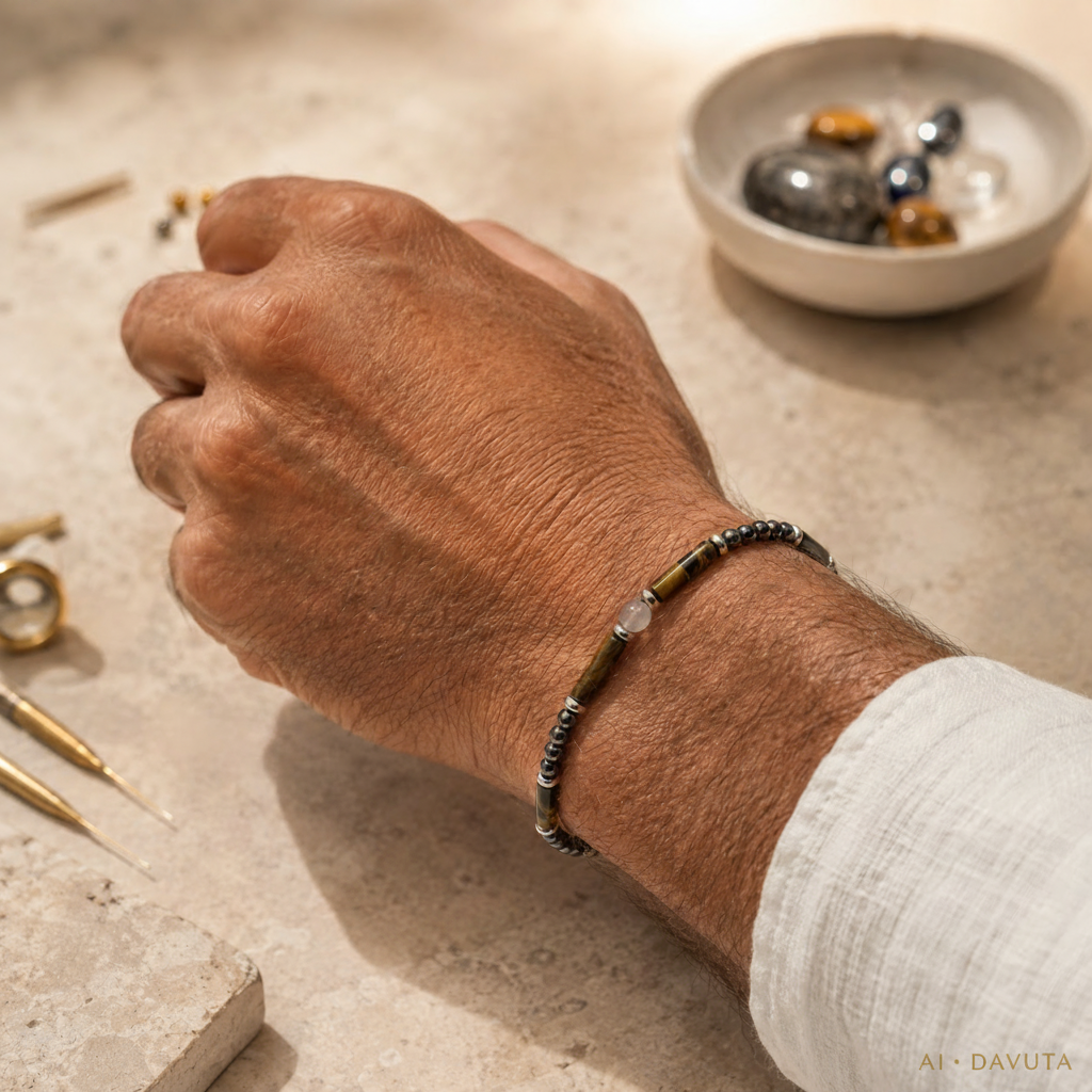 Herren_Armband_Edelstahl_Tigerauge_H_matit_Labradorit_DAVUTA am Arm