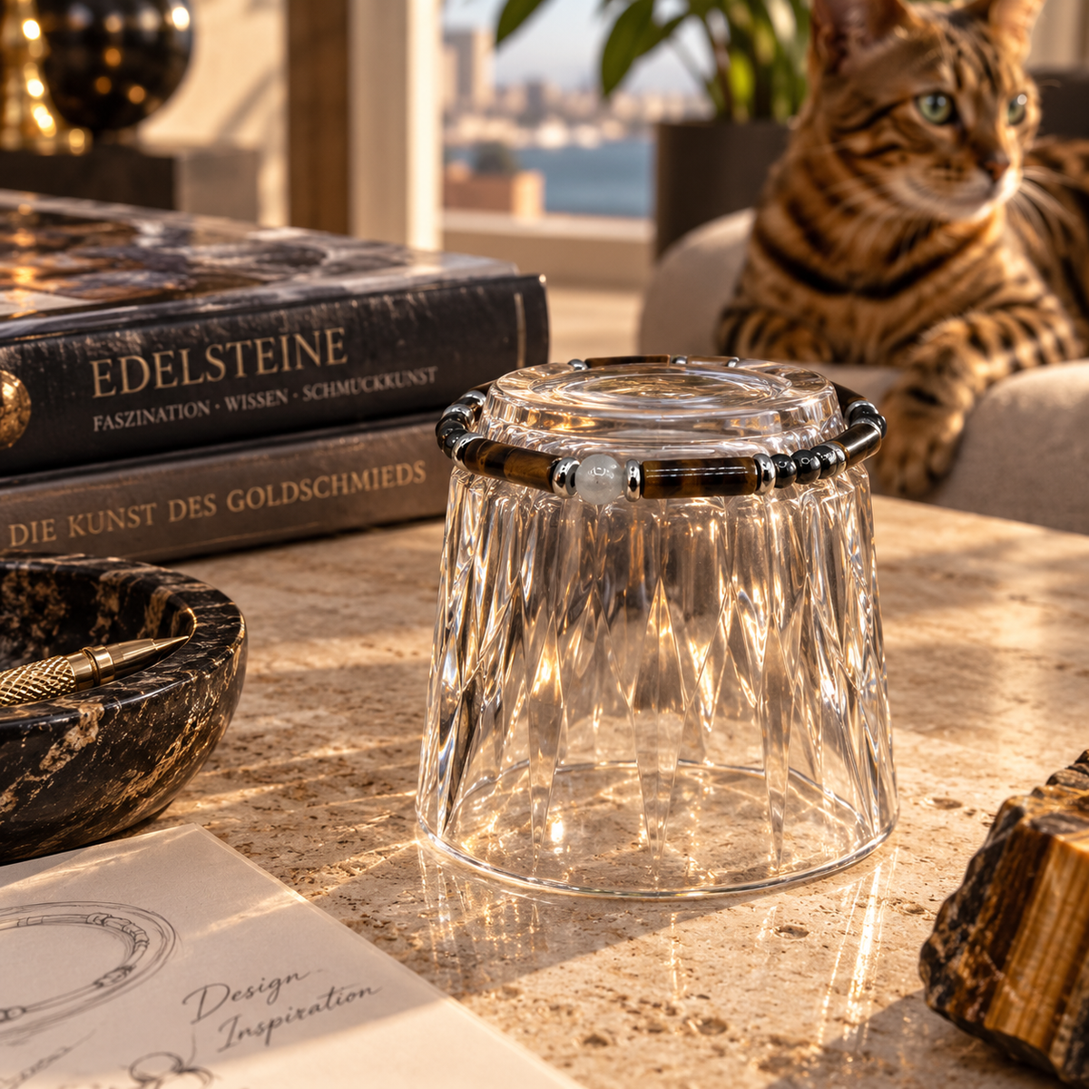Herren Armband Edelstahl Tigerauge Hämatit Labradorit DAVUTA auf Glas