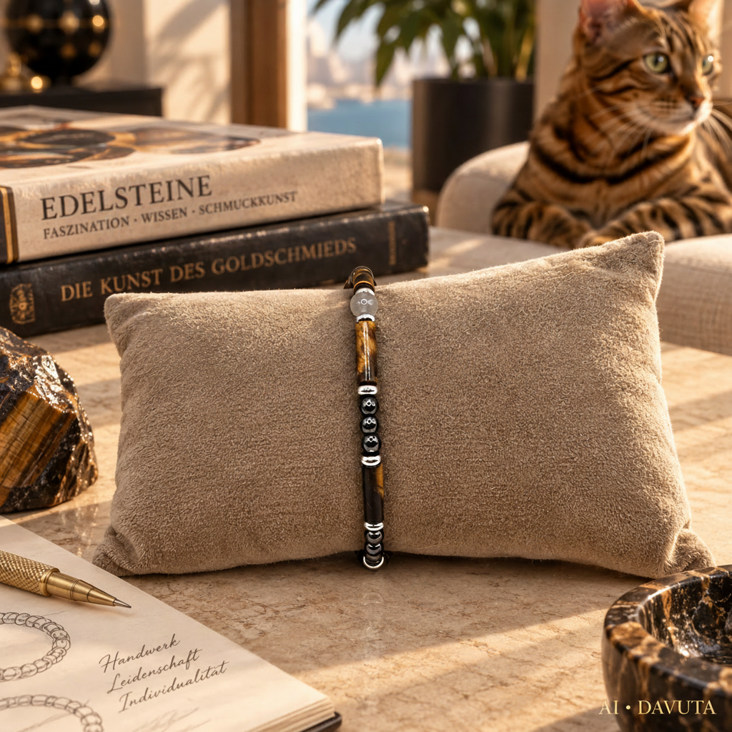 Herren_Armband_Edelstahl_Tigerauge_H_matit_Labradorit_DAVUTA auf Kissen