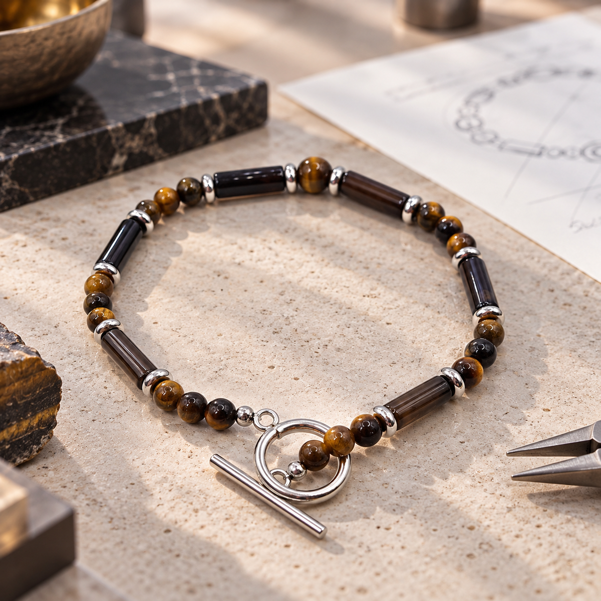 Herren Armband Edelstahl Tigerauge Onyx DAVUTA