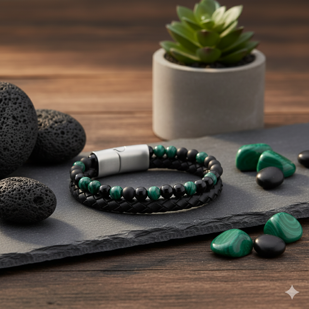 Herren Armband Edelstein Malachit Onyx Leder by DAVUTA