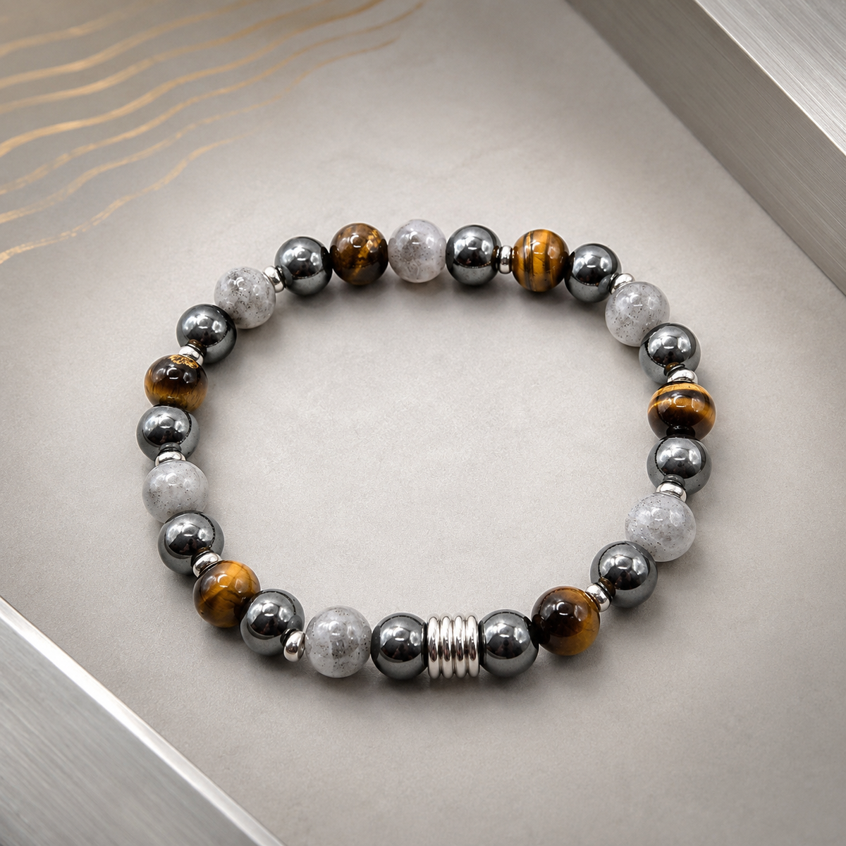 Herren Armband Elastisch Tigerauge Hämatit Labradorit Edelstahl DAVUTA