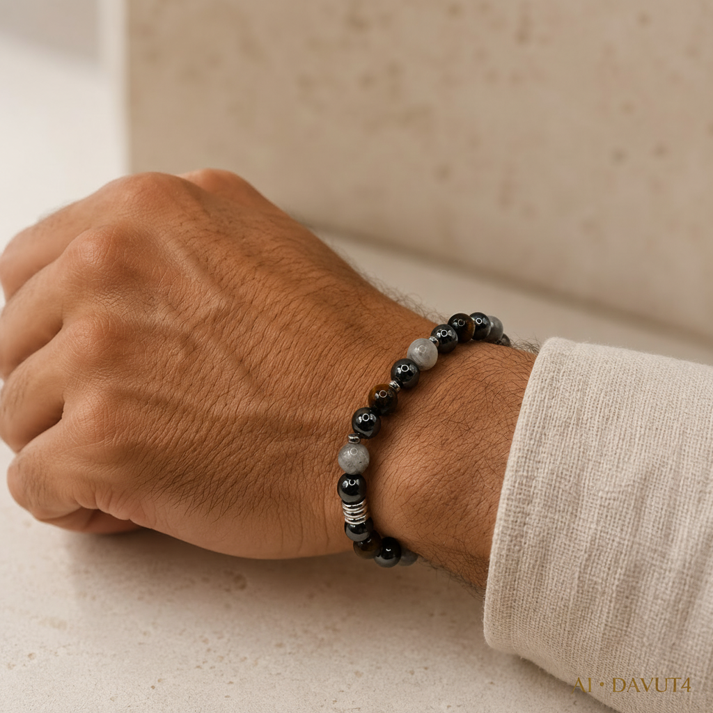 Herren Armband Elastisch Tigerauge Hämatit Labradorit Edelstahl DAVUTA am Arm