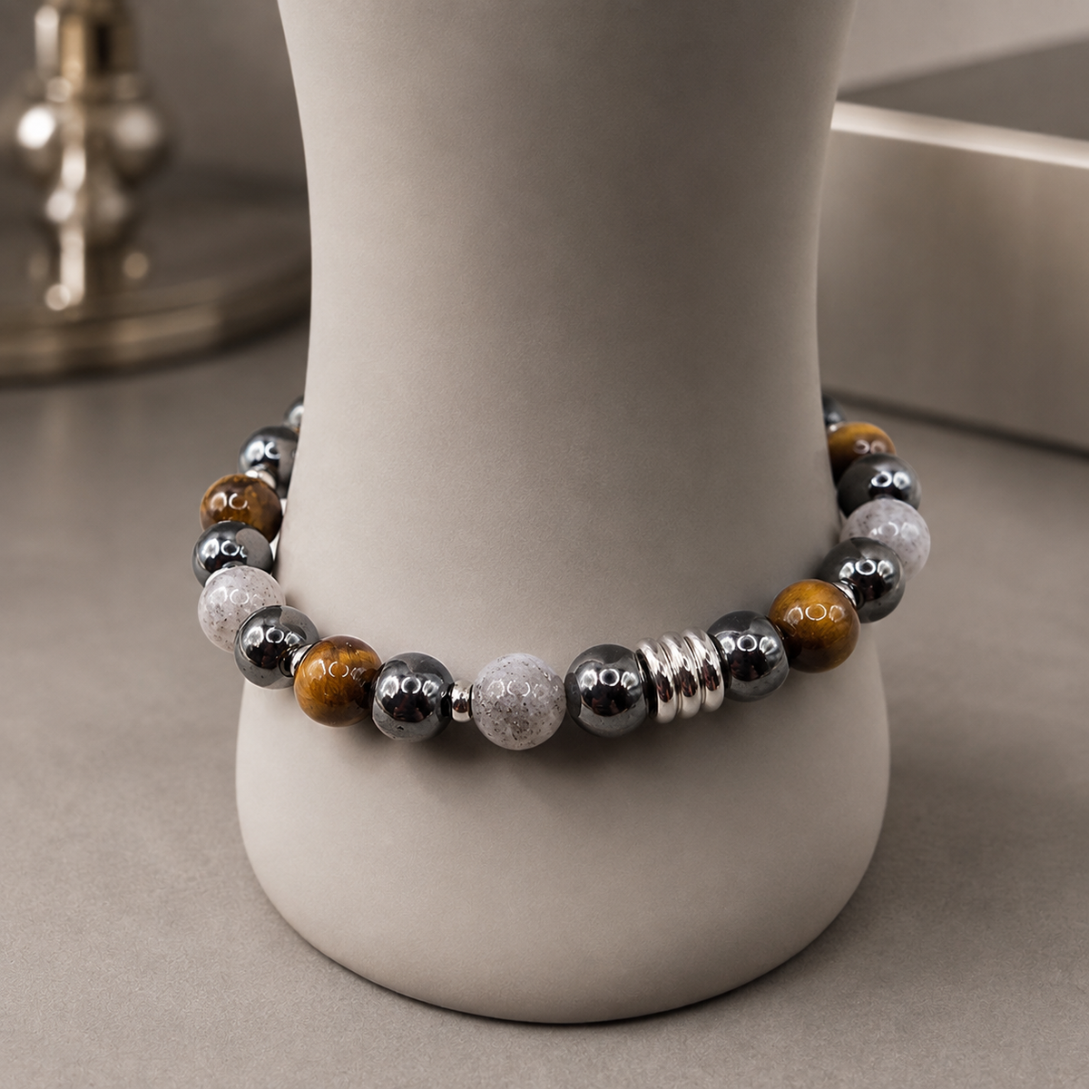 Herren Armband Elastisch Tigerauge Hämatit Labradorit Edelstahl DAVUTA an Büste