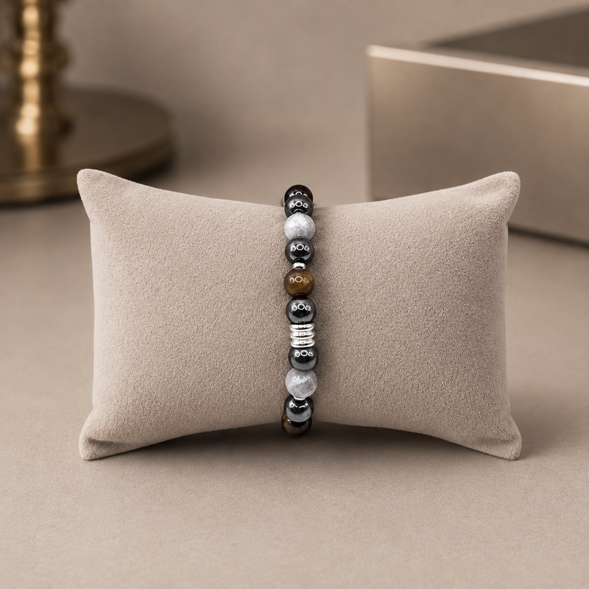 Herren Armband Elastisch Tigerauge Hämatit Labradorit Edelstahl DAVUTA auf Kissen