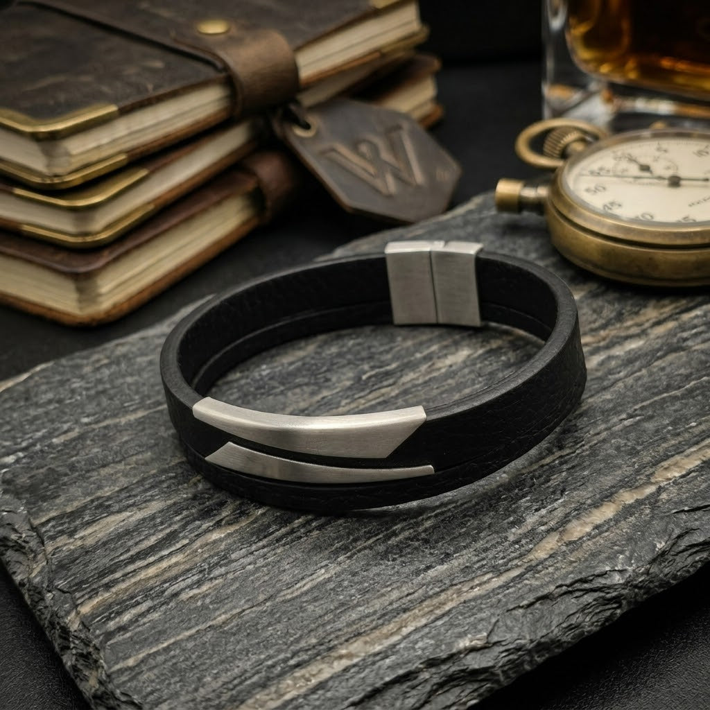 Herren Armband Leder und Edelstahl silber by DAVUTA