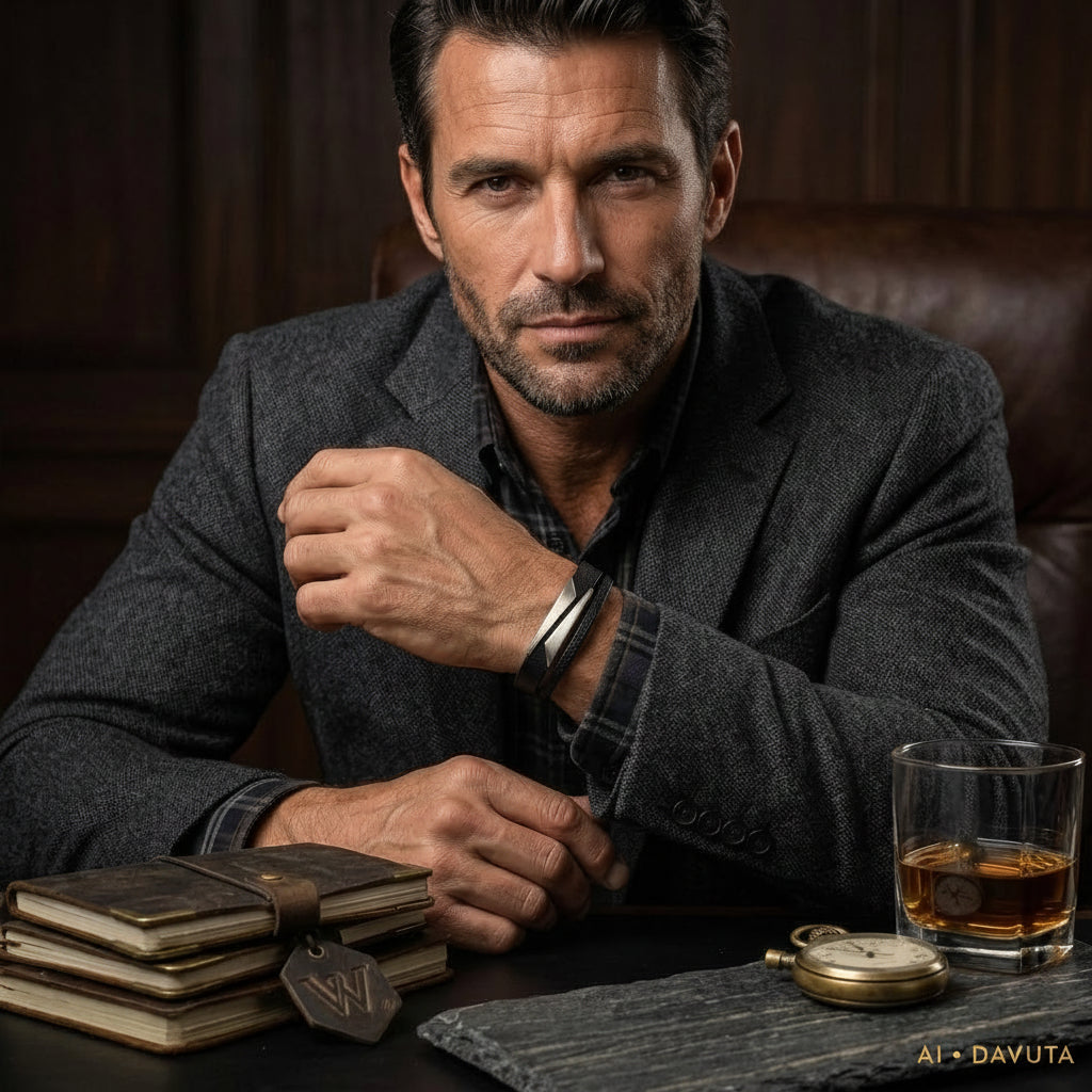 Herren Armband Leder und Edelstahl silber am Model by DAVUTA