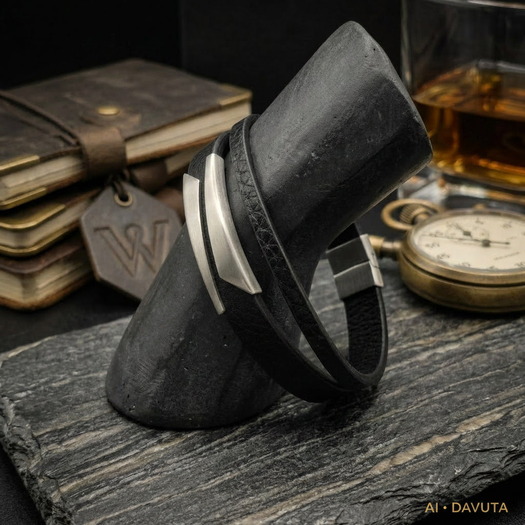 Herren Armband Leder und Edelstahl silber an Büste by DAVUTA